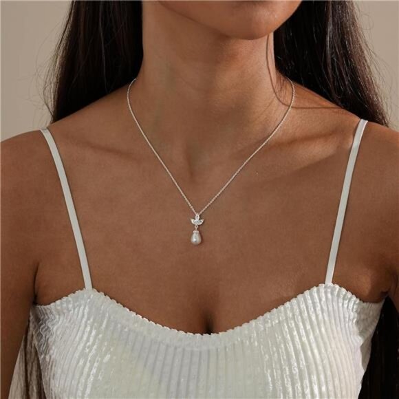 Dainty Silver Pearl Necklace | Single Pearl Pendant | Elegant Adjustable 16.9” - Picture 3 of 5